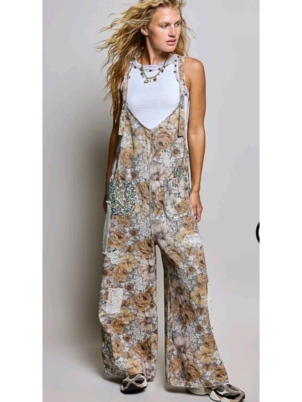 POL Boho Floral Patchwork Pockets Overalls Wide Bottom Jumpsuit Low Front L